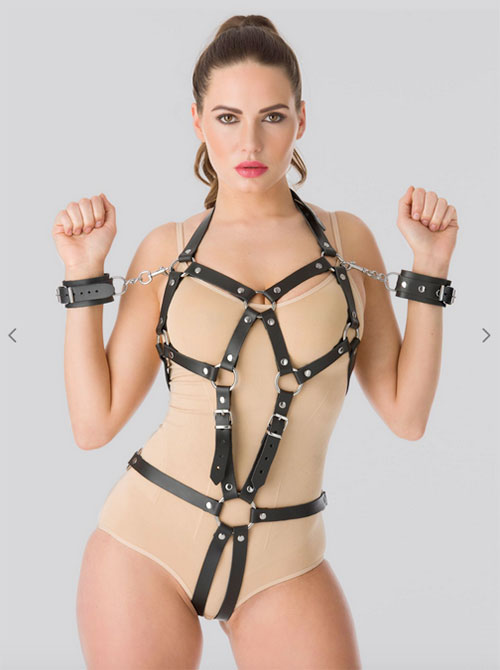 DOMINIX Deluxe Open Breast Leather Body Harness with Cuffs