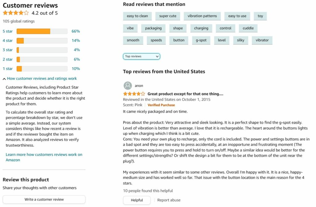 screenshot of customer reviews on the LoveLife Cuddle G-Spot Massager